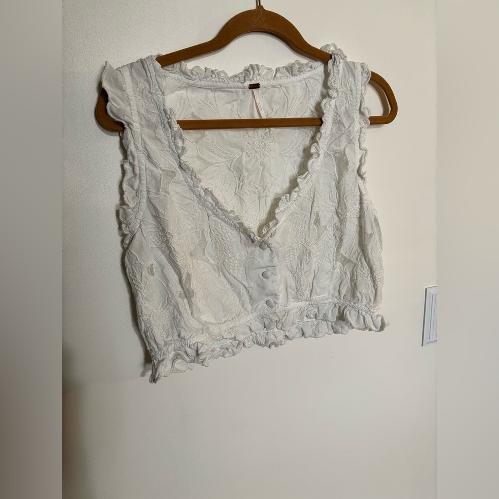 Free People White Floral Ruffle Top